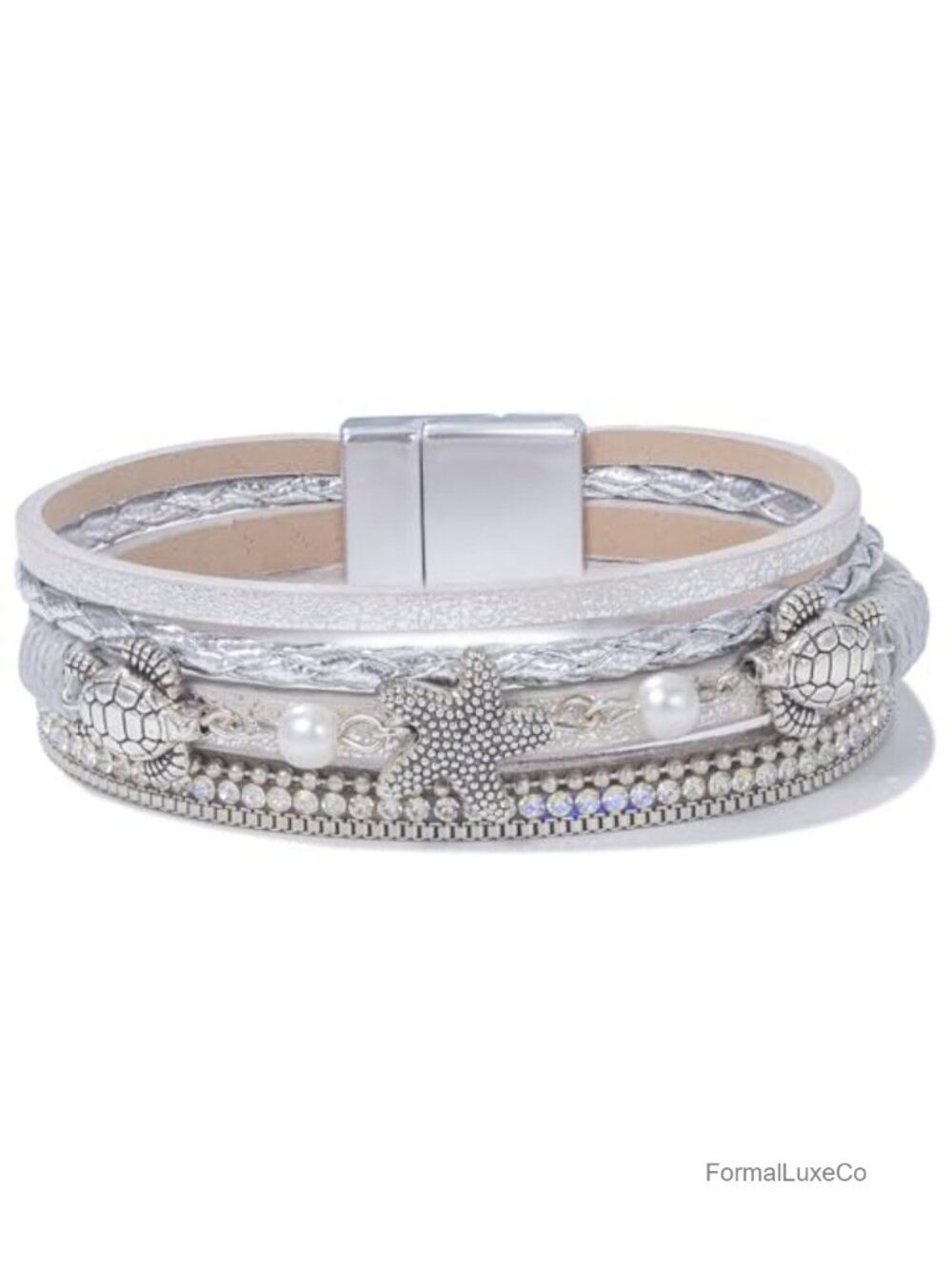 Boho Rhinestone Pearl Turtle Starfish Leather Wrap Cuff Bracelet